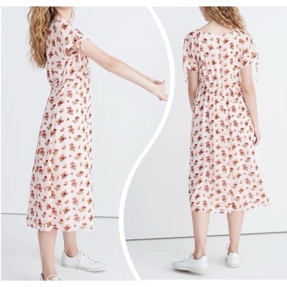 Madewell Tie-Sleeve Ruffle-Waist Midi Dress Pink Floral Sz 22 Cottagecore Plus - Picture 3 of 12